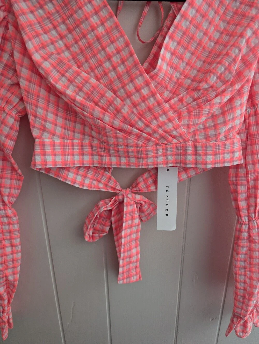 NWT Topshop Bright Pink Gingham Plaid Long Sleeve Crop Top - Picture 5 of 8